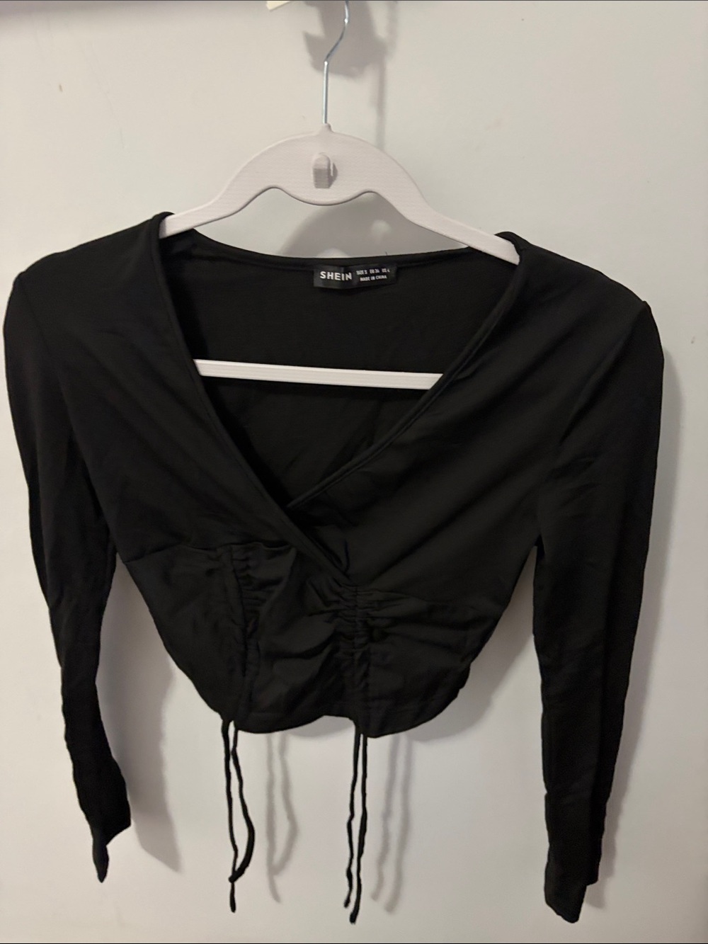 SHEIN Black Ruched Drawstring Wrap Long Sleeve Top